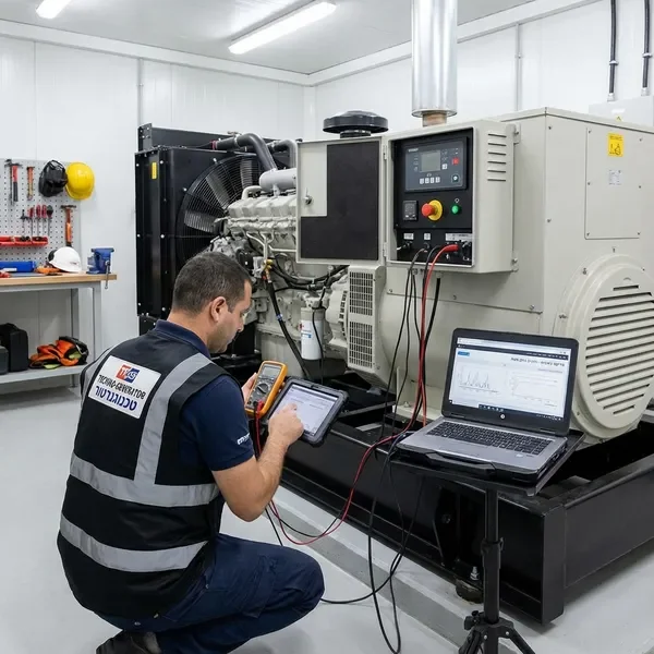 טכנאי משתמש בציוד אבחון מתקדם לבדיקת ביצועי גנרטור