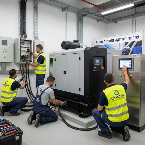 צוות טכנאים מתקין מערכת גנרטור חדשה בבניין מסחרי